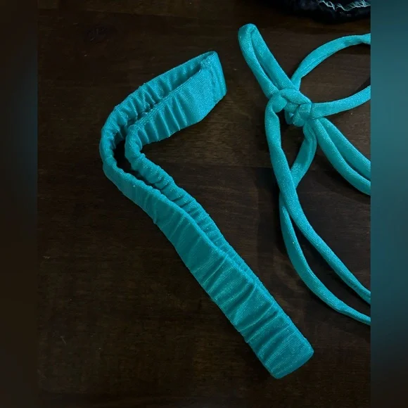 NWT Sexy Handmade Triangle Top & Tie Side Thong Shiny Black & Turquoise Bikini Bikinis